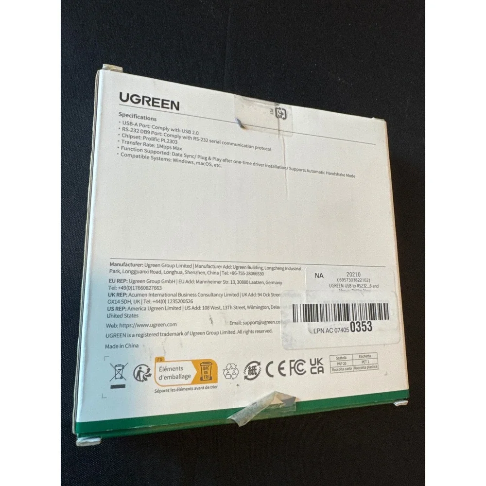 UGREEN USB 2.0 to RS232 DB9 Serial Adapter PL2303 Cable New Open Box Gray
